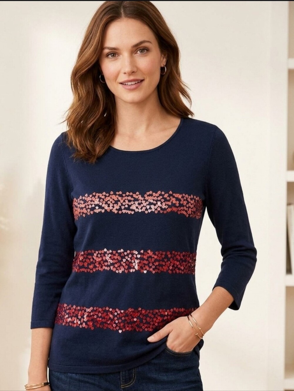 TALBOTS Heart Sequin 3/4 Sleeve Top Navy Medium